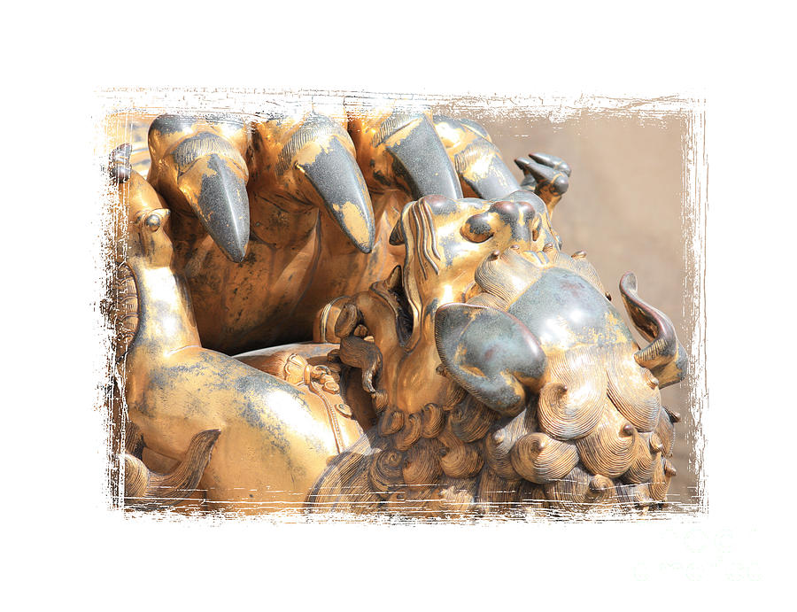 Chinese Lion Cub Statue with Framing Photograph by Carol Groenen