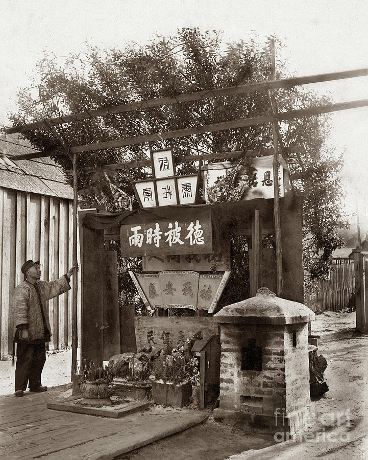Joss House Photograph - Chinese man looking at Joss House, temple altar at Chinese villa by Monterey County Historical Society