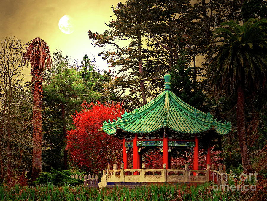 Chinese Pavilion Under Golden Moonlight Photograph by San Francisco