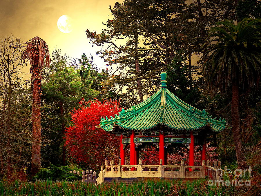 San Francisco Photograph - Chinese Pavilion Under Golden Moonlight by Wingsdomain Art and Photography