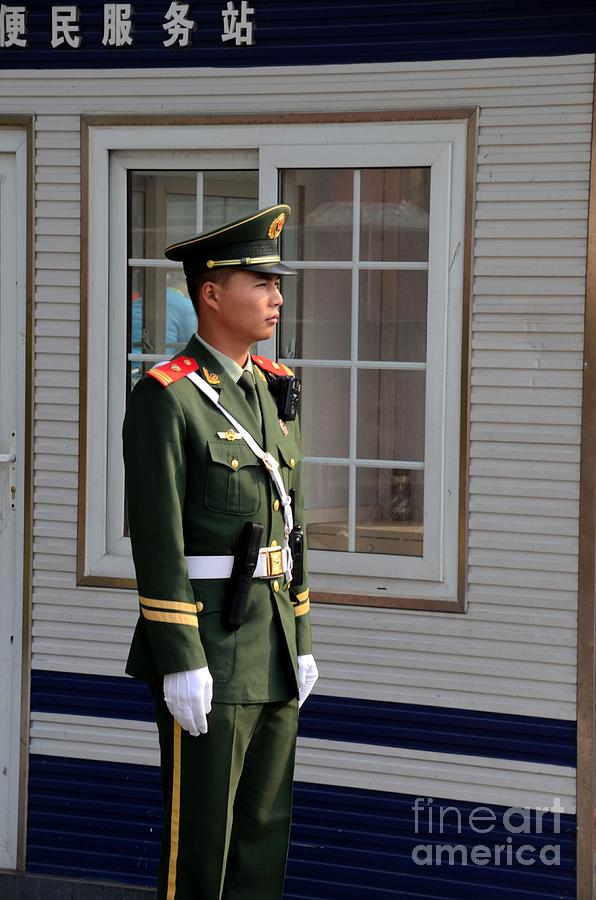 Glove Photograph - Chinese policeman smartly stands guard in Beijing China by Imran Ahmed