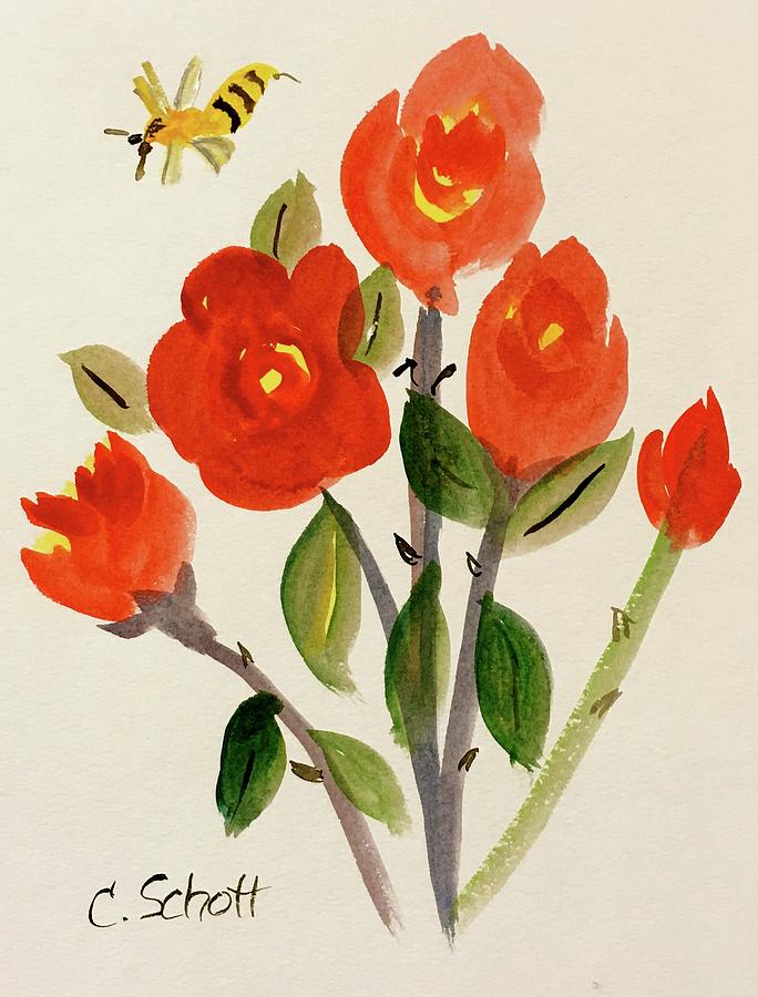 Chinese Red Rose With Bee Painting by Christina Schott