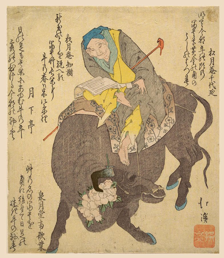 Chinese Sage Reading While Riding on a Buffalo Drawing by Totoya Hokkei