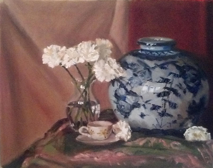 Vase Painting - Chinese Vase with Carnations by Mary Marin