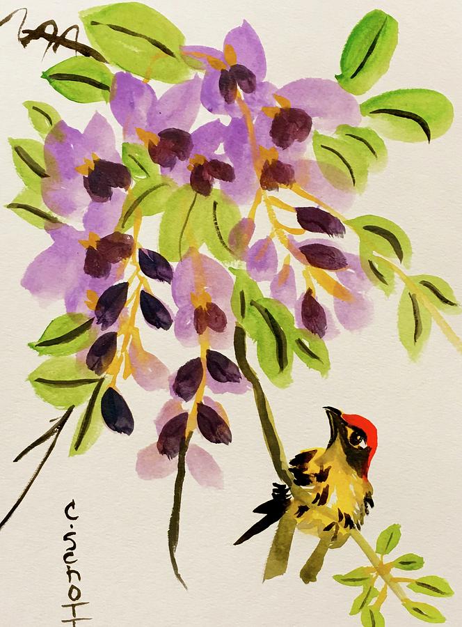 Chinese Wisteria With Warbler Bird Painting by Christina Schott