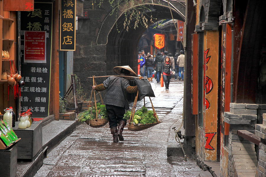 Chinese Woman Carrying Vegetables Photograph