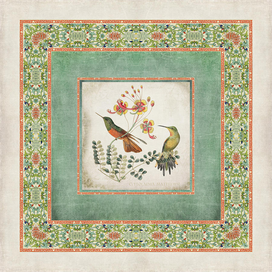 Chinoiserie Vintage Hummingbirds n Flowers 1 Digital Art by Audrey Jeanne Roberts