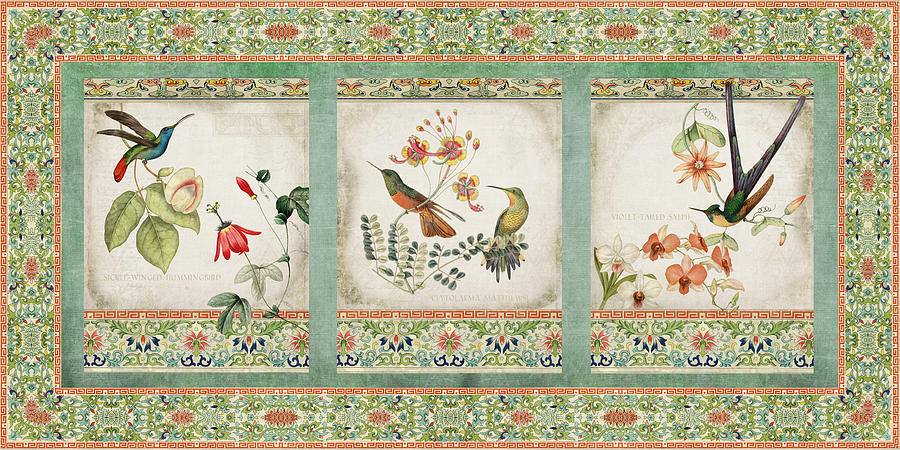 Triptych - Chinoiserie Vintage Hummingbirds n Flowers Digital Art by Audrey Jeanne Roberts
