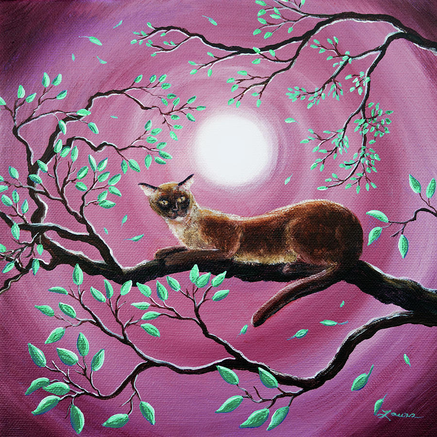 Chocolate Burmese Cat in Dancing Leaves Painting by Laura Iverson