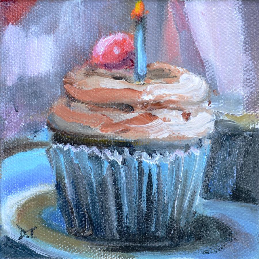 Chocolate Cupcake with Birthday Candle and Cherry on Top Painting by Donna Tuten