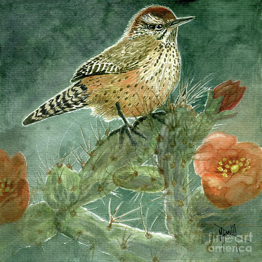 Cholla Cactus Wren Painting by Marilyn Smith
