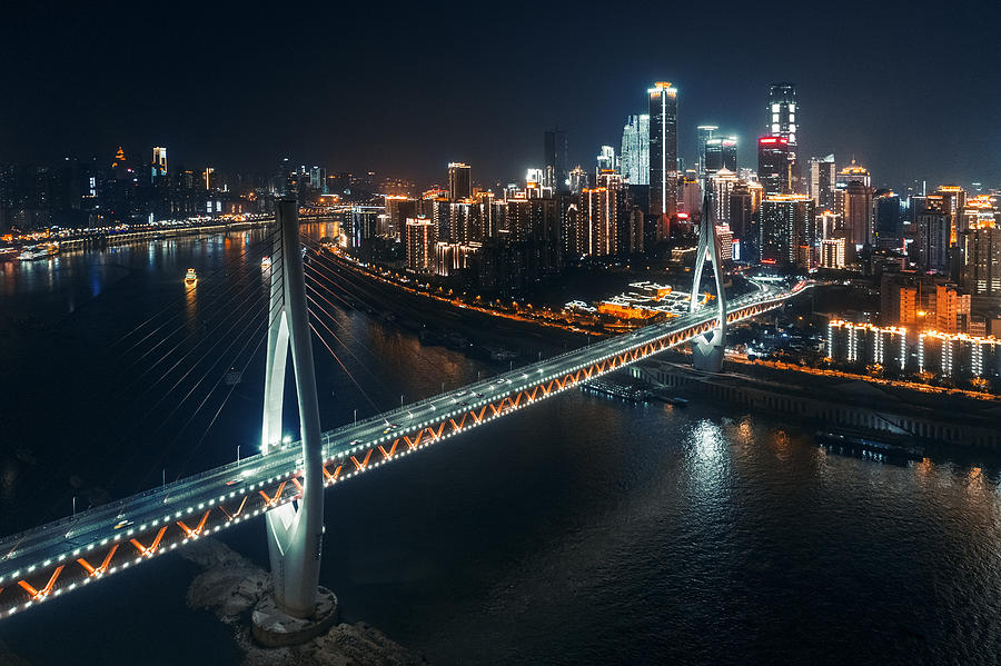 Chongqing bridge night aerial Photograph by Songquan Deng