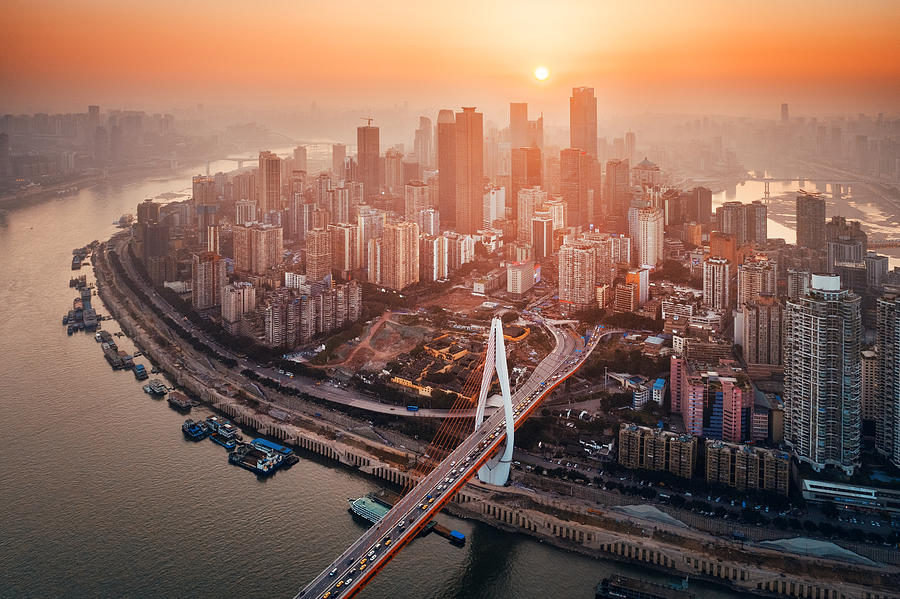 Chongqing Urban buildings aerial sunset Photograph by Songquan Deng