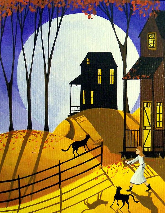 Chow Time - folk art cats girl Painting by Debbie Criswell