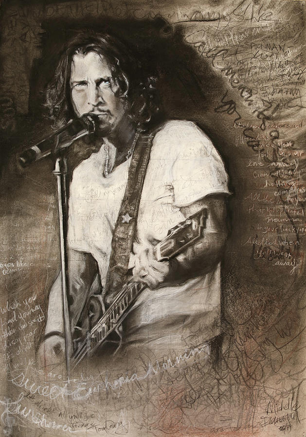 Soundgarden Drawing - Chris Cornell tribute with lyrics by Michelle Flanagan