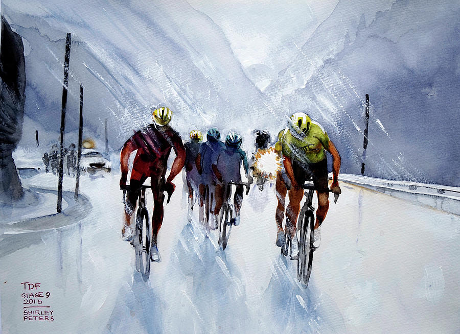 Chris Froome and Others in Rain and Ice Painting by Shirley Peters