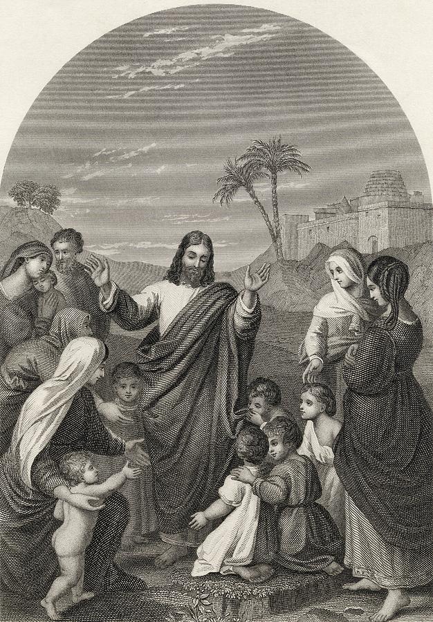 Black And White Drawing - Christ Blessing The Little Children by Vintage Design Pics
