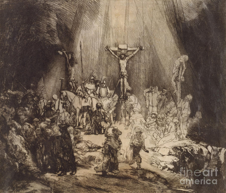 Rembrandt Drawing - Christ Crucified between the Two Thieves  The Three Crosses, 1653 by Rembrandt