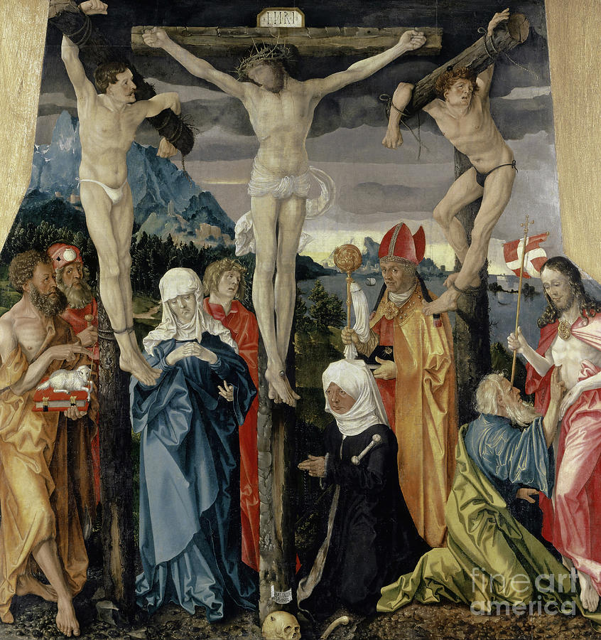 Hans Baldung Grien Mixed Media - Christ Crucified with the Thieves, Saints, and a Female Donor, 1512  by Hans Baldung Grien