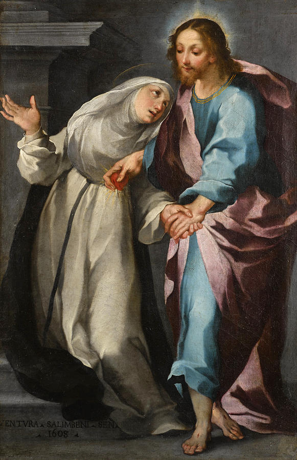 Christ exchanging his Heart with Saint Catherine Painting by Ventura Salimbeni
