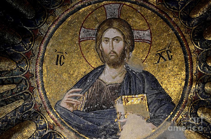 Byzantine Photograph - Christ holds bible in mosaic at Chora Church Istanbul Turkey by Imran Ahmed
