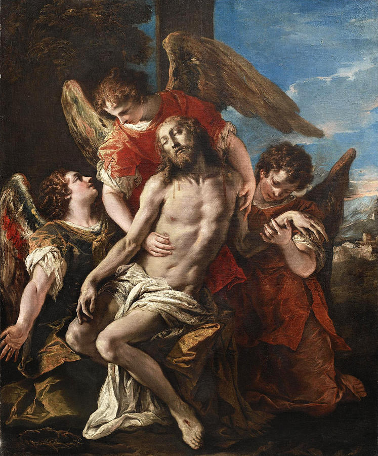 Christ Mourned by Three Angels Painting by Sebastiano Ricci
