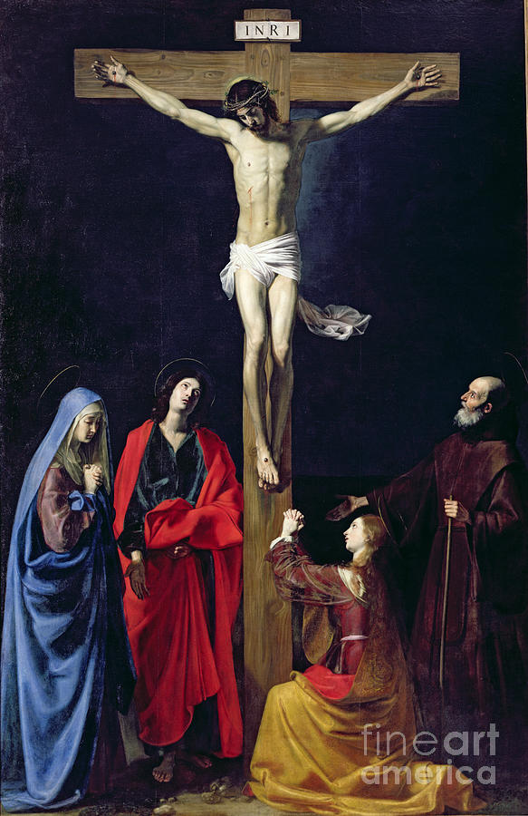 Christ on the Cross with the Virgin Mary Magdalene St John and St Francis of Paola Painting by Nicolas Tournier