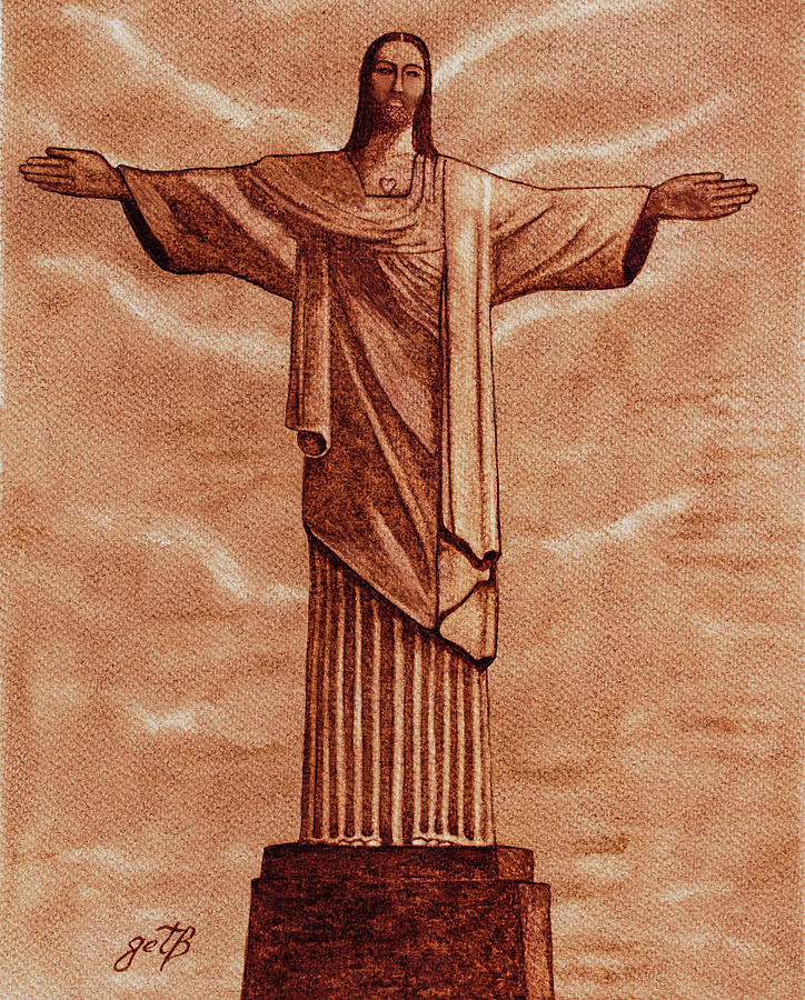 Christ The Redeemer Statue original coffee painting Painting by Georgeta Blanaru