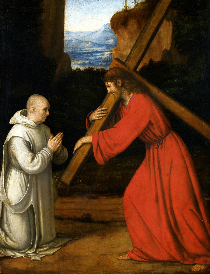 Jesus Christ Painting - Christ with Cross adored by the Carthusian by Andrea Solari