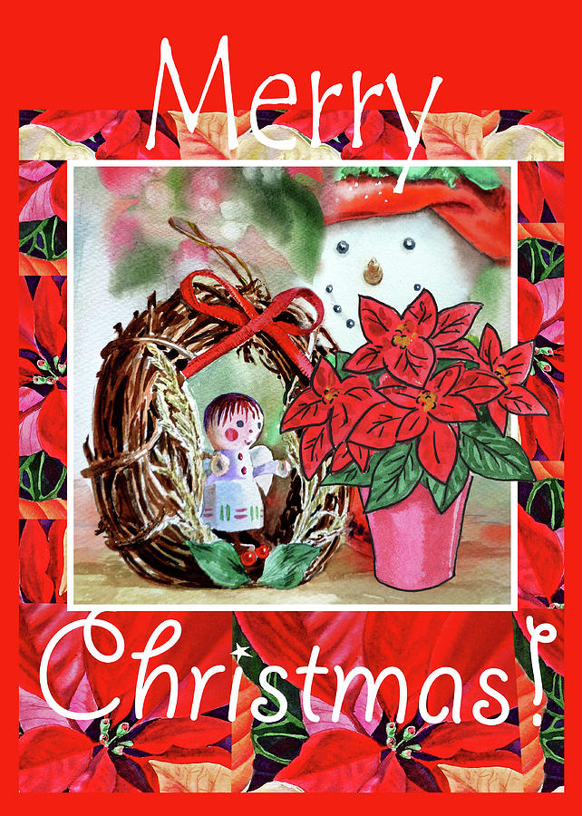 Christmas Painting - Christmas Angel Poinsettia And Snowman by Irina Sztukowski