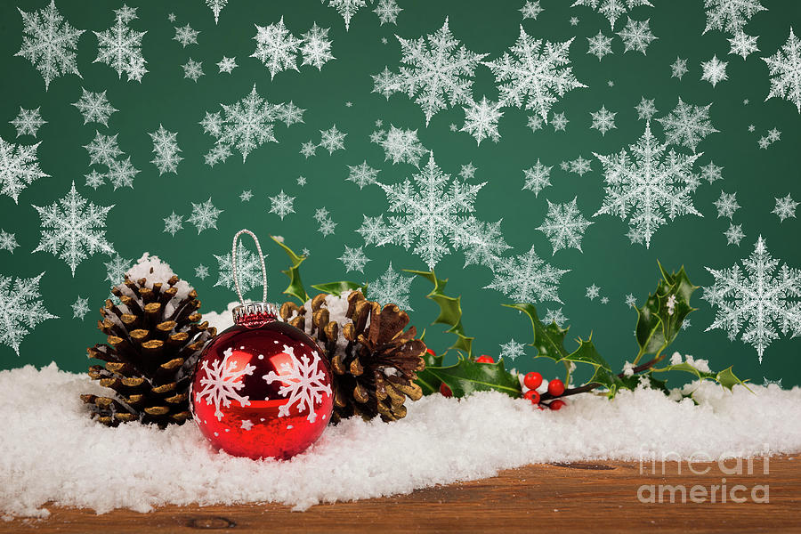 Christmas Bauble Still Life With Snowflakes. Photograph