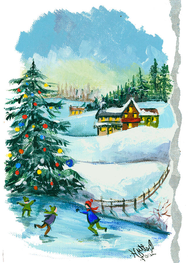 Christmas Card - Winter Painting by Elisabeta Hermann