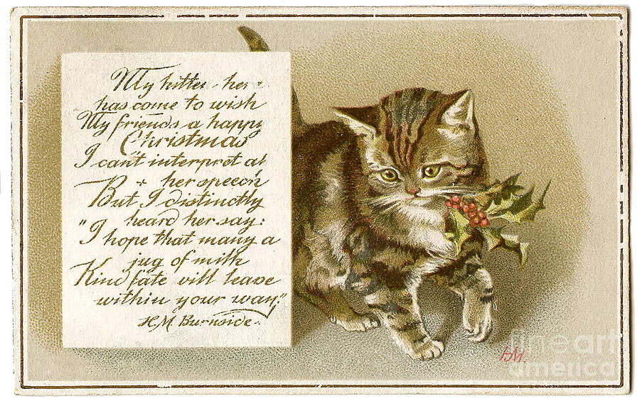 Christmas Cat with holley vintage Painting by Vintage Collectables