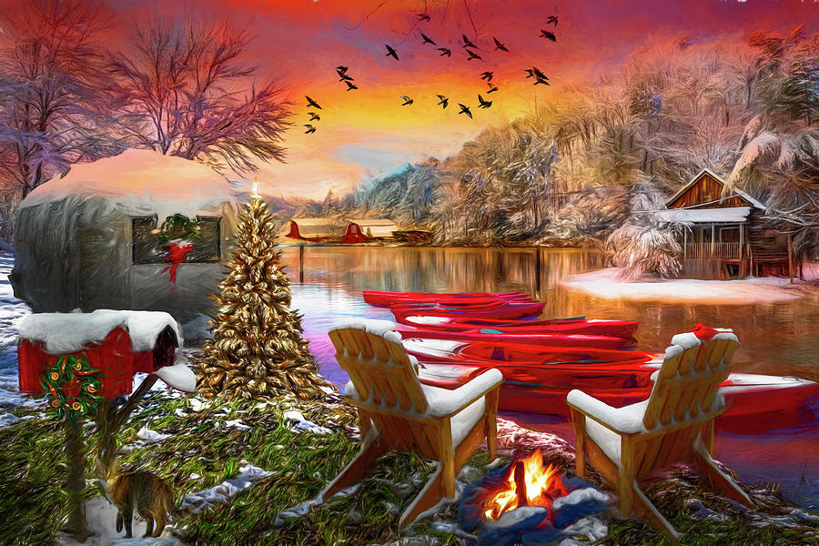 Barn Digital Art - Christmas Eve Camping Watercolor Painting by Debra and Dave Vanderlaan