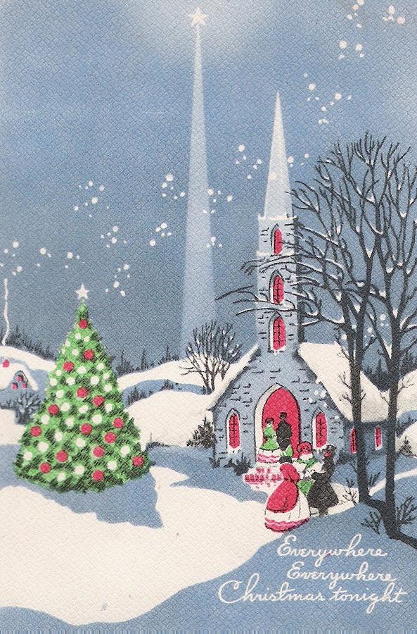 Unused Vintage Christmas Card Yuletide Snowy Church Light Windows Bells 