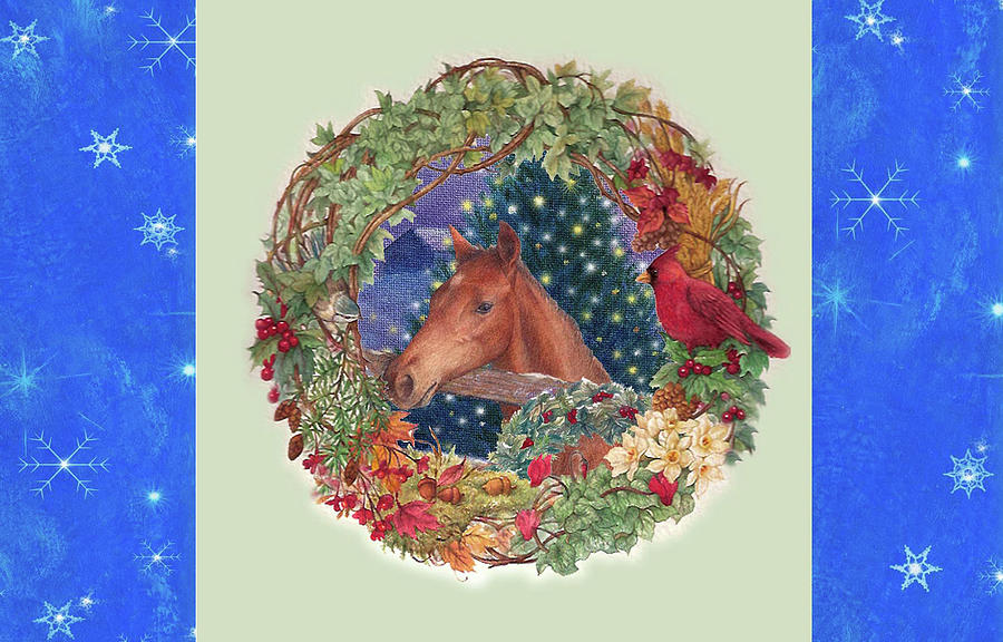 Christmas horse and Holiday wreath Painting by Judith Cheng