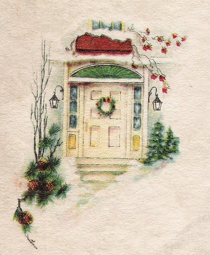 Christmas illustration 200 - Vintage Christmas Cards - Front door with ...