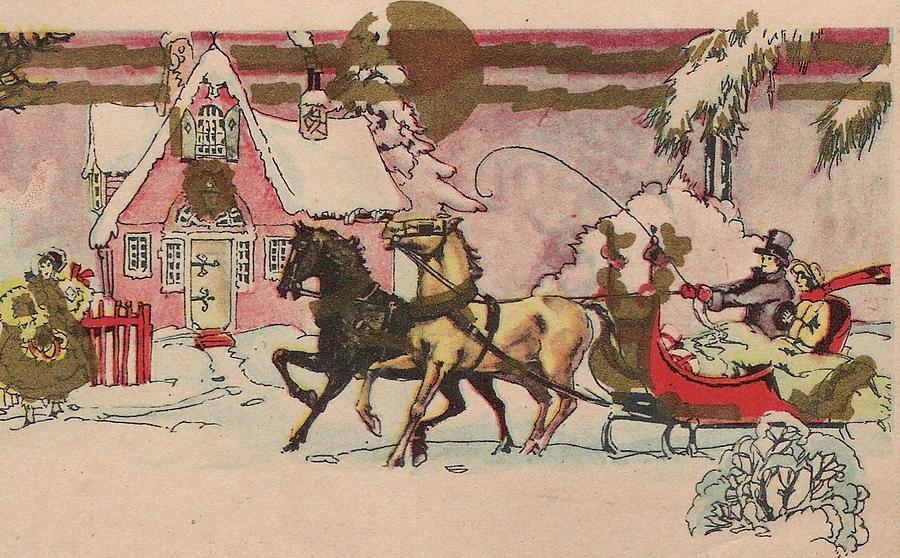 Print of folk art painting Christmas COULD IT BE horse Santa sleigh whimsical DC 