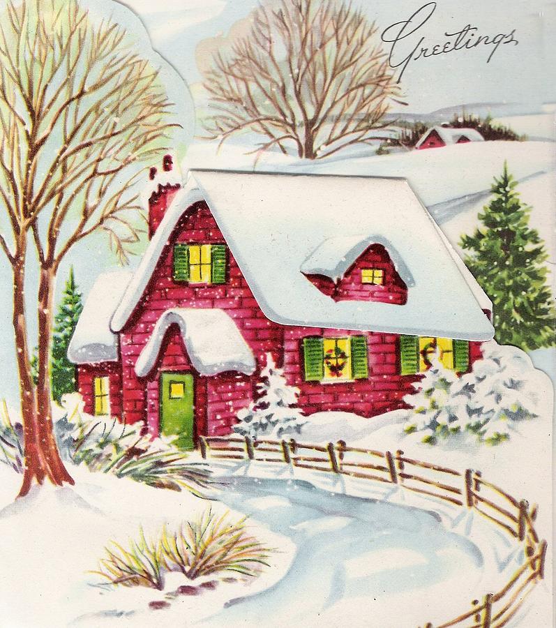 Christmas illustration 491 - snowy red bricks house, wreath on windows ...