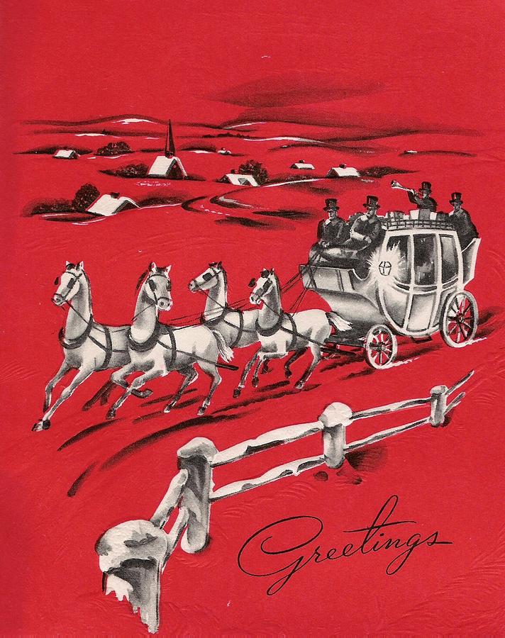 Christmas Painting - Christmas illustration 518 - horse drawn carriage, red by Bellavista Gallery