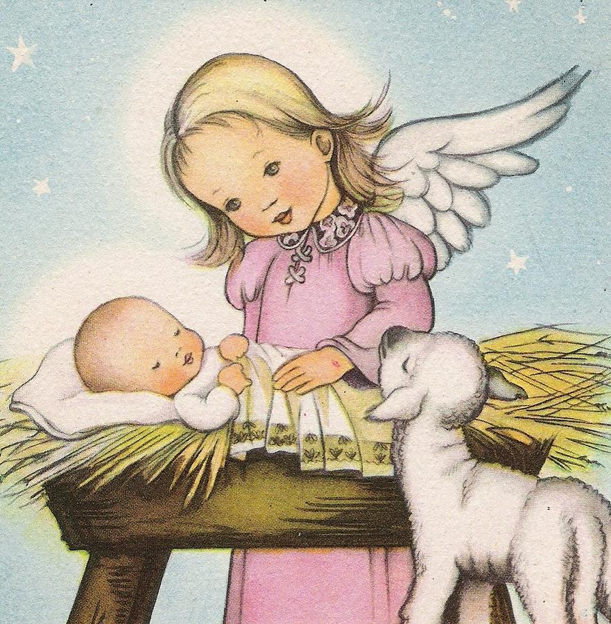 Christmas Illustration 548 - Winged Baby Angel And A Little Lamb Near ...