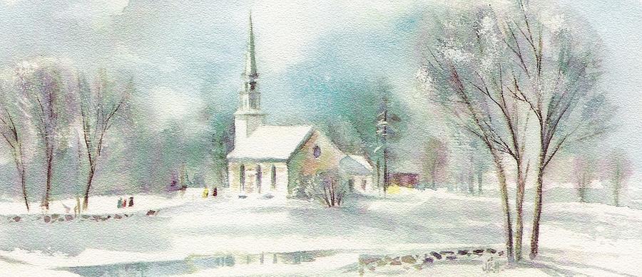 Christmas Illustration 57 Church With Snowy Water Pond Painting By