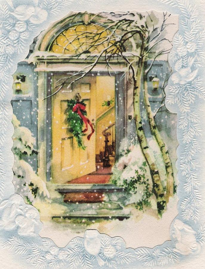 Christmas Illustration 910 - Vintage Christmas Cards - Wreath on Front ...