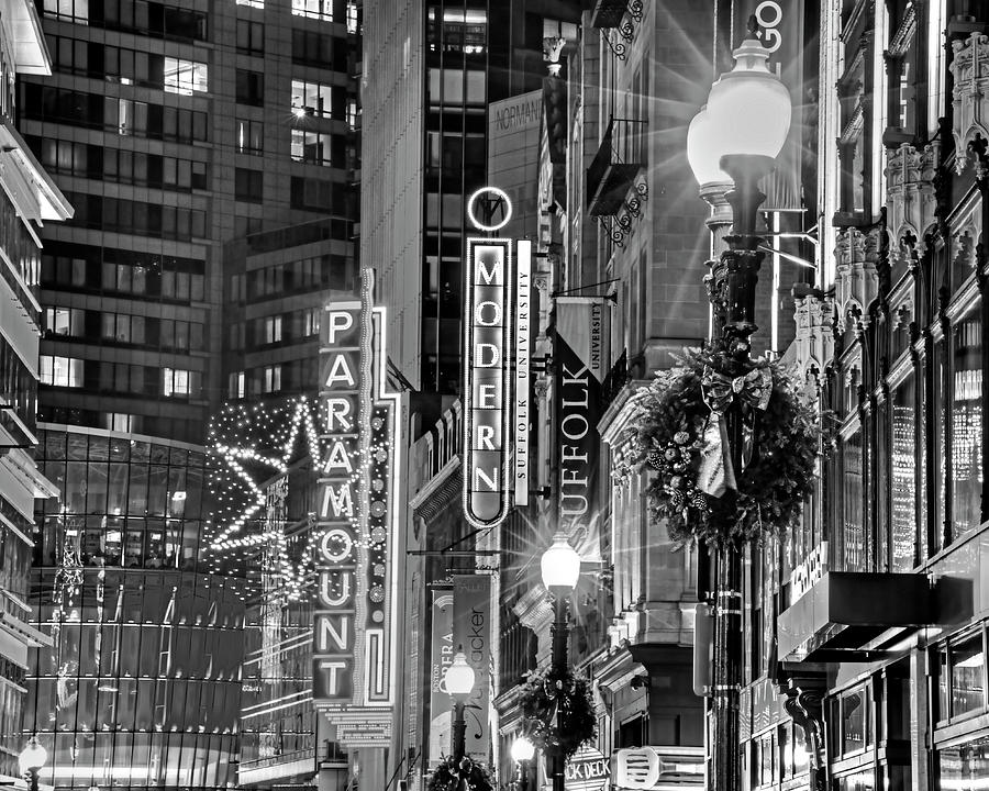 Christmas in Downtown Boston MA Paramounr Washington Street Black and White Photograph by Toby McGuire