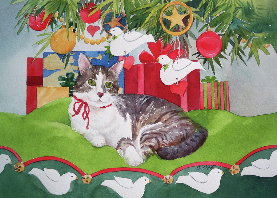 Christmas Kitty Painting by Sue Kemp