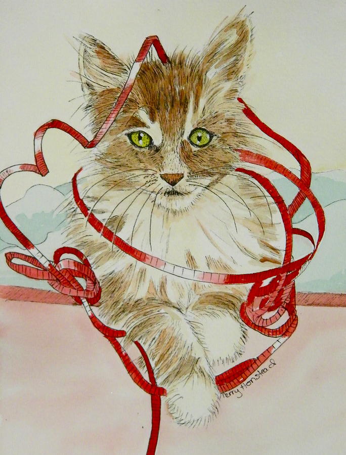 Christmas Kitty Painting by Terry Honstead