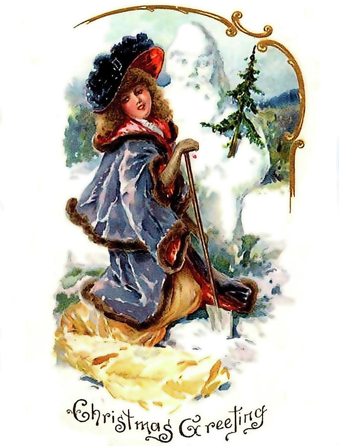 Winter Painting - Christmas lady with snowman by Long Shot