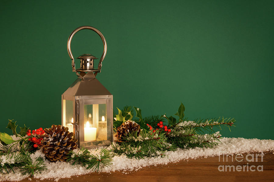 Christmas Lantern Hooly And Snow Green Background Photograph