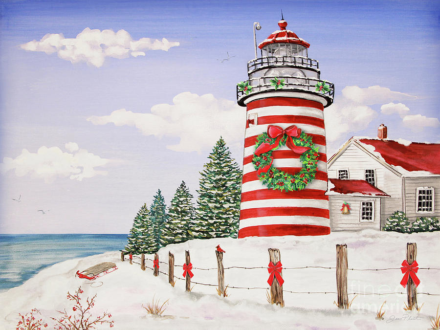 Christmas Lighthouse-JP3897 Painting by Jean Plout
