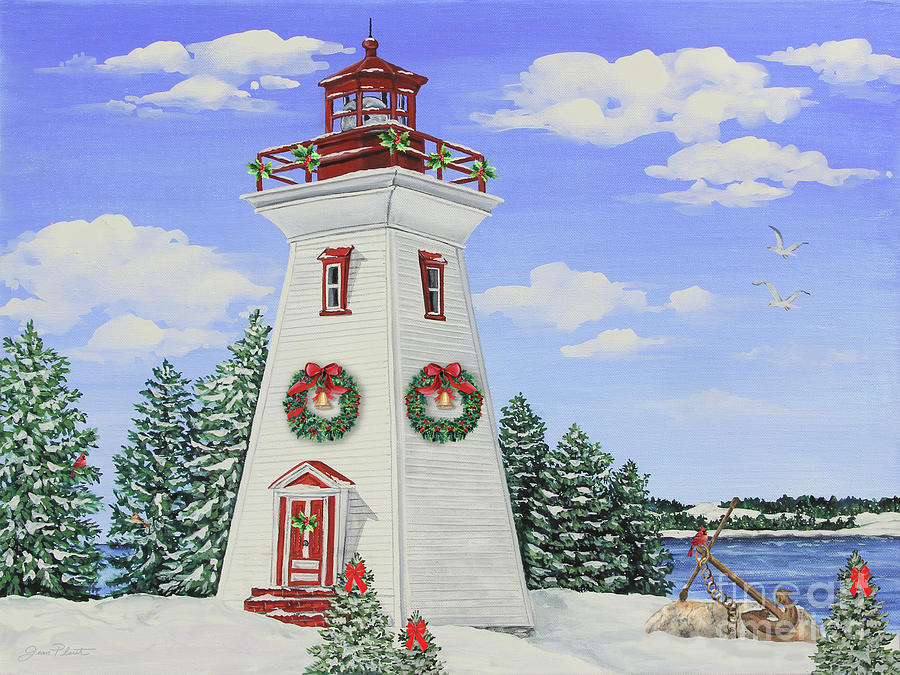 Christmas Lighthouse-JP3901 Painting by Jean Plout